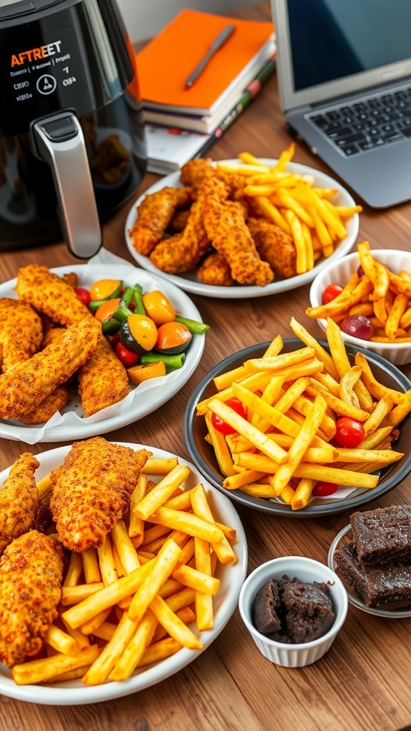 Quick and Easy Air Fryer Meals for College Students A variety of air fryer meals including chicken tenders, roasted vegetables, french fries, and brownies on a table with college supplies.